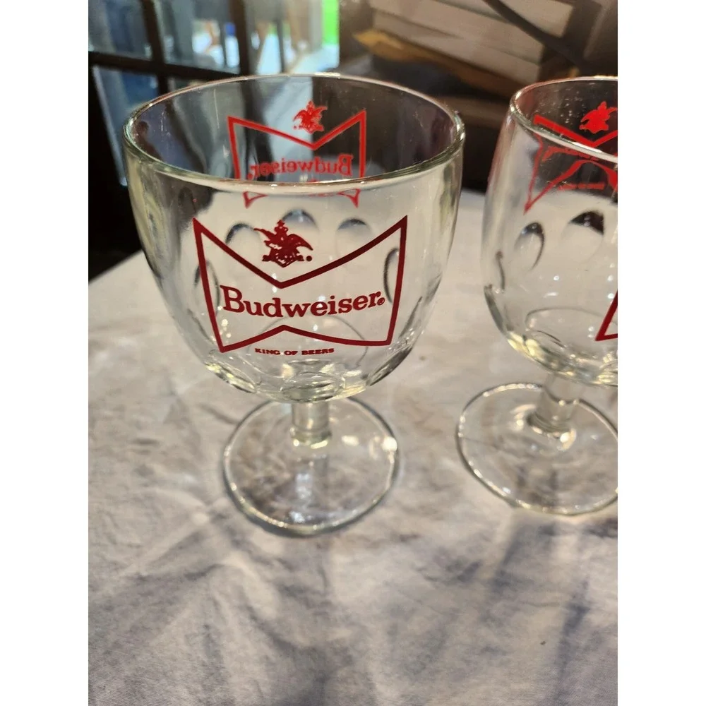 (3) Vintage Budweiser King Of Beers Bowtie Thumbprint Goblet 5.5 Inch Short Stem